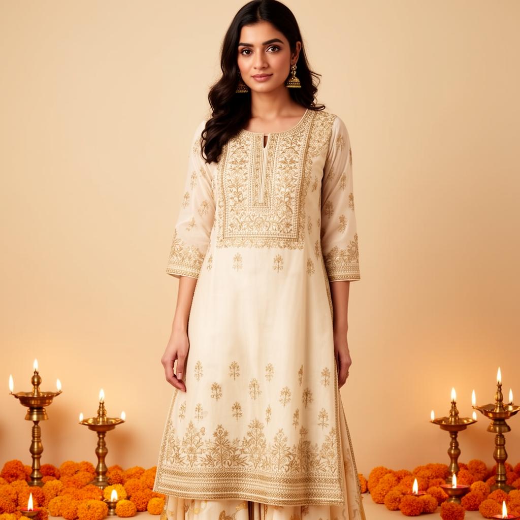 Festive ivory and gold kurta set with brass lamps